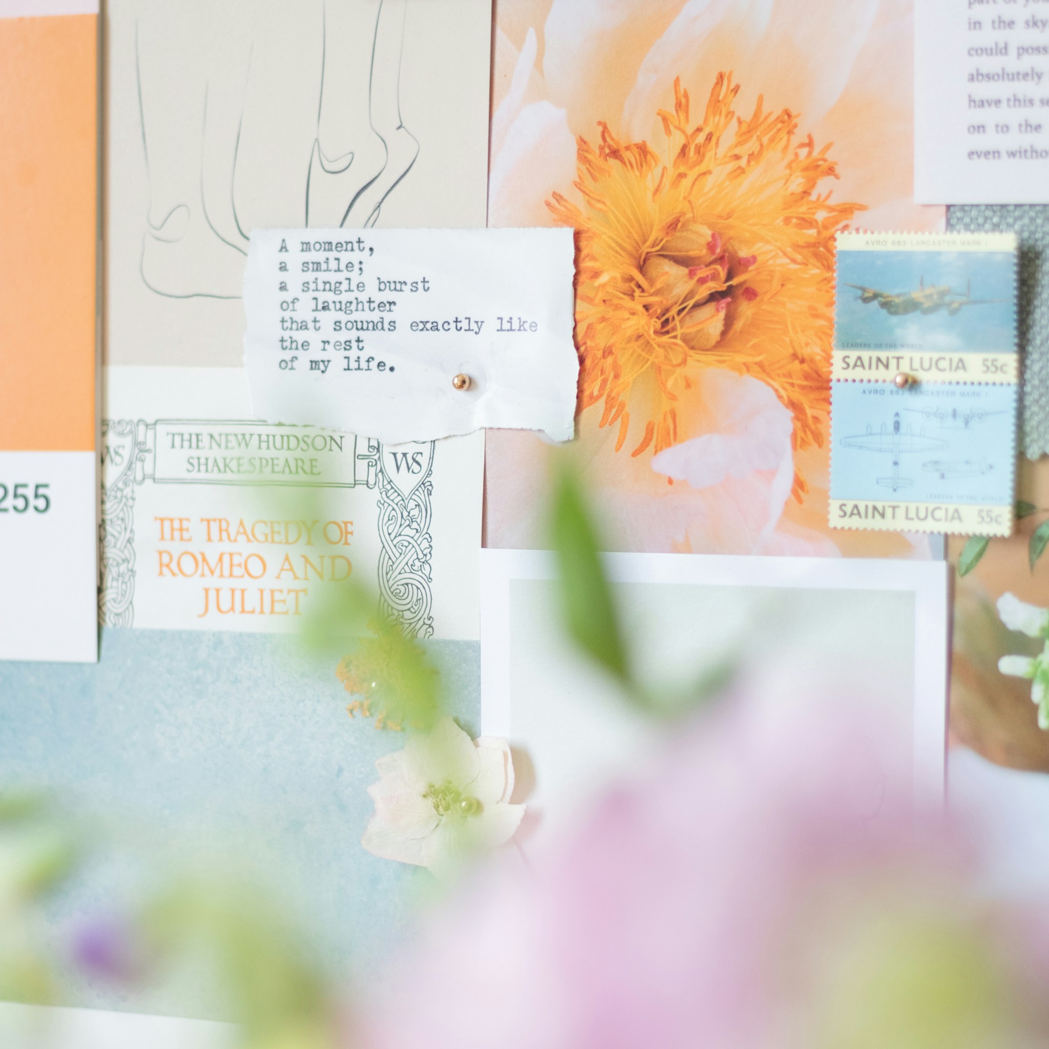 Moodboard of postcards, colour swatches and pressed flowers pinned to a wall